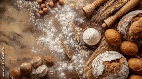 Making bread culinary background top view ggenerated by ai photo