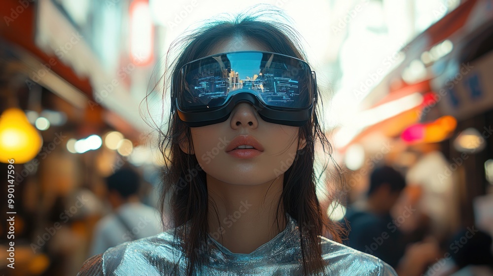 Woman wearing VR Glasses in the City Woman wearing VR Glasses in the City