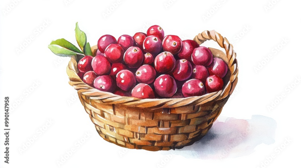 A woven basket filled with fresh red cranberries, surrounded by green leaves, perfectly arranged for seasonal recipes A woven basket filled with fresh red cranberries, surrounded by green leaves, perfectly arranged for seasonal recipes