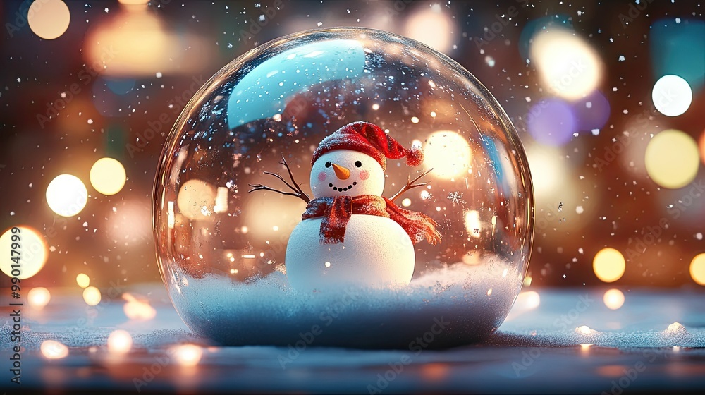 Obraz premium A snowstorm rages inside a glass Christmas globe with a snowman at the center. The background features a beautiful array of glowing bokeh lights.