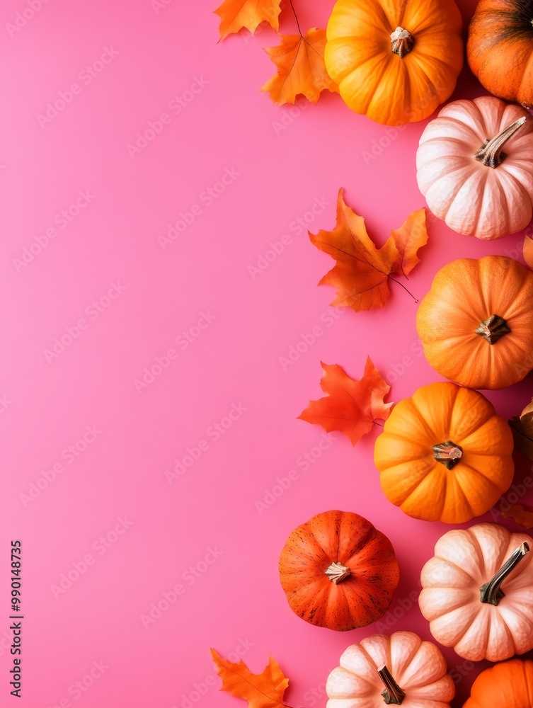 Pastel pumpkins and autumn leaves arranged on a pink background, creating a festive and cheerful autumnal scene. This image symbolizes fall, harvest, celebration, and the beauty of nature. Pastel pumpkins and autumn leaves arranged on a pink background, creating a festive and cheerful autumnal scene. This image symbolizes fall, harvest, celebration, and the beauty of nature.