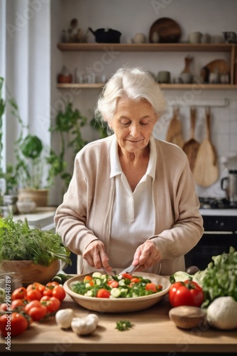 An elderly woman prepares a vegetable salad in the Scandinavian-style kitchen. International Day of Older Persons.