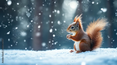 Cute red squirrel in the falling snow against the background of a pine forest. Winter time background