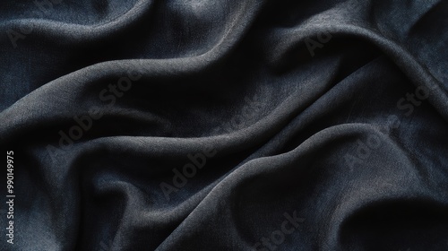 Soft dark blue fabric draped artistically on a smooth surface highlighting texture and color variation in natural light