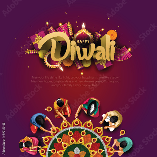 Indian festival Happy Diwali with Diwali props, holiday Background with crackers, Diwali celebration greeting card, abstract vector illustration.