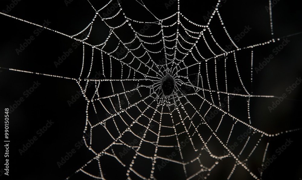 Obraz premium close-up of a glistening spider web with water drops on a complete black background