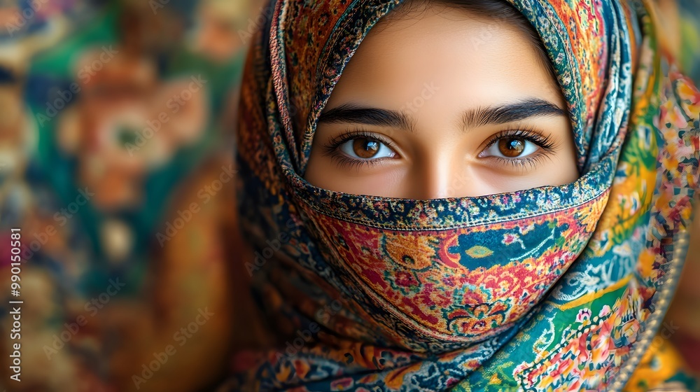 Close-up Portrait of a Woman's Eyes Partially Covered by a Colorful Headscarf Close-up Portrait of a Woman's Eyes Partially Covered by a Colorful Headscarf