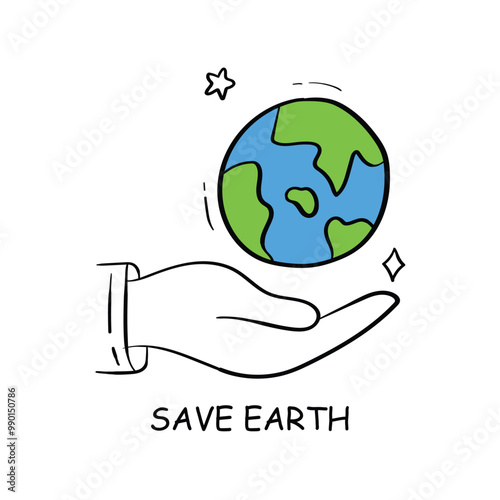 Vector icon for save earth with hand holding the globe. A symbolic icon representing environmental conservation with a hand gently holding the Earth, promoting sustainability and global care.