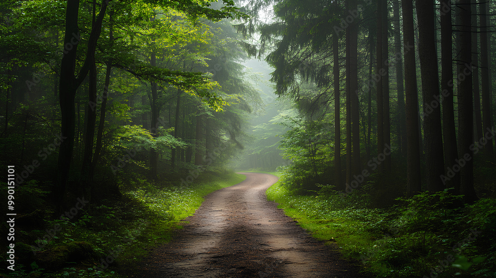 Obraz premium A serene forest path enveloped in mist, inviting exploration and tranquility.