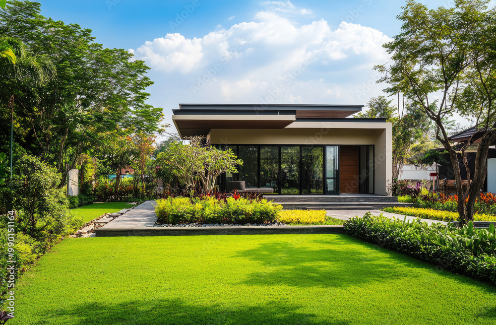 the front yard and garden area, featuring lush green grass with various plants and trees, showcasing a modern bungalow-style home with sleek architecture and stylish exterior decor. the front yard and garden area, featuring lush green grass with various plants and trees, showcasing a modern bungalow-style home with sleek architecture and stylish exterior decor.