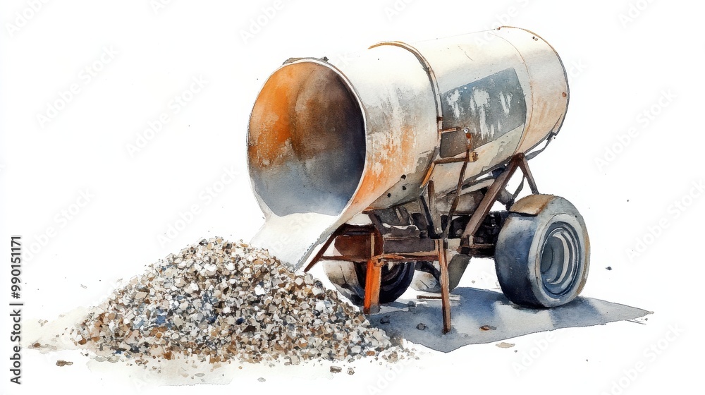 Construction site showing a concrete mixer pouring cement onto a pile of gravel during daylight hours Construction site showing a concrete mixer pouring cement onto a pile of gravel during daylight hours