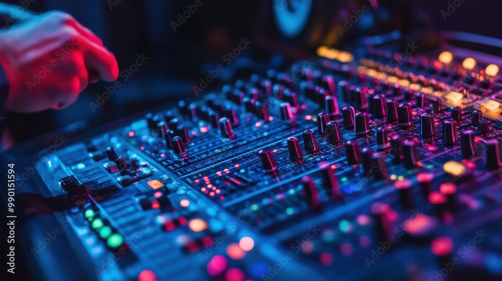 A musician adjusts sound levels on a vibrant audio mixing console during a live performance in an intimate venue at night A musician adjusts sound levels on a vibrant audio mixing console during a live performance in an intimate venue at night