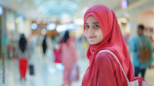 A woman wearing a red scarf and a white purse is smiling at the camera