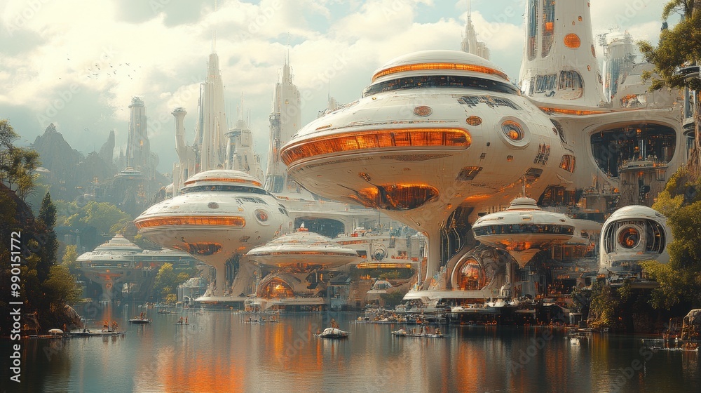 Futuristic Cityscape with Flying Vessels and Waterway Futuristic Cityscape with Flying Vessels and Waterway