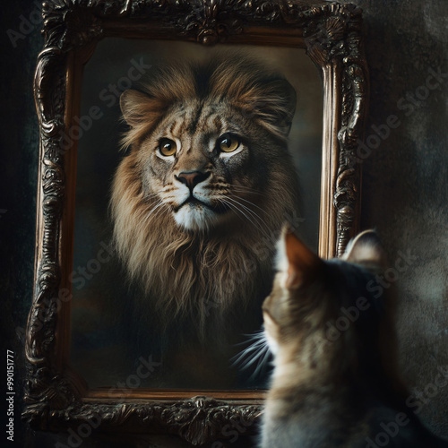Confident Cat Looking in the Mirror Seeing a Lion. Motivational kitty feeling strong and believing in personal growth photo