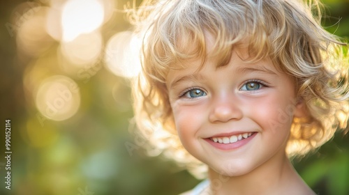 Young child with curly hair smiling brightly outdoors during golden hour in a lush green setting