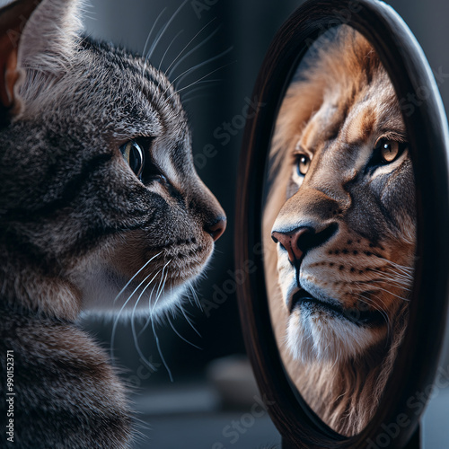 Confident Cat Looking in the Mirror Seeing a Lion. Motivational kitty feeling strong and believing in personal growth photo