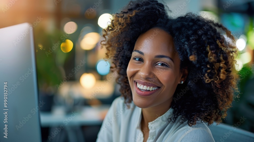 She is happy and content, possibly enjoying her work or leisure time She is happy and content, possibly enjoying her work or leisure time