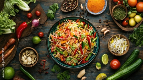 A vibrant Thai papaya salad (Som Tam), displayed on a wooden table, with fresh vegetables and traditional Thai spices spread around in a colorful arrangement. photo