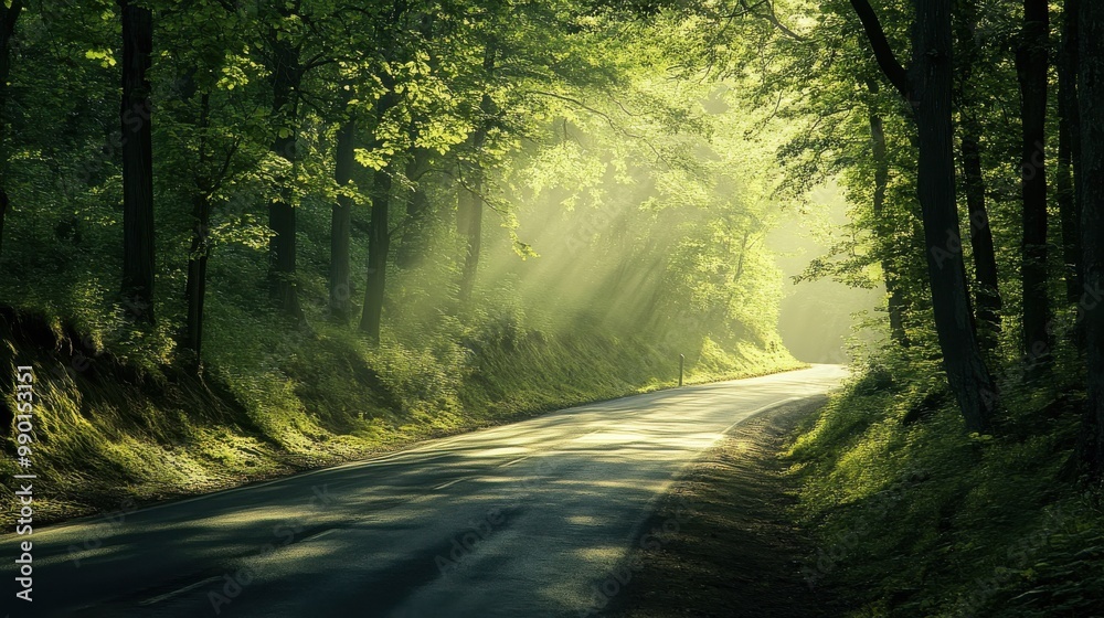 Naklejka premium A tranquil winding road through a lush green forest illuminated by soft morning sunlight in the early hours of the day