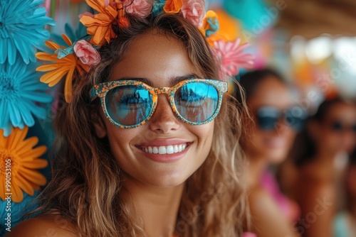 Smiling Woman with Flower Crown and Sunglasses