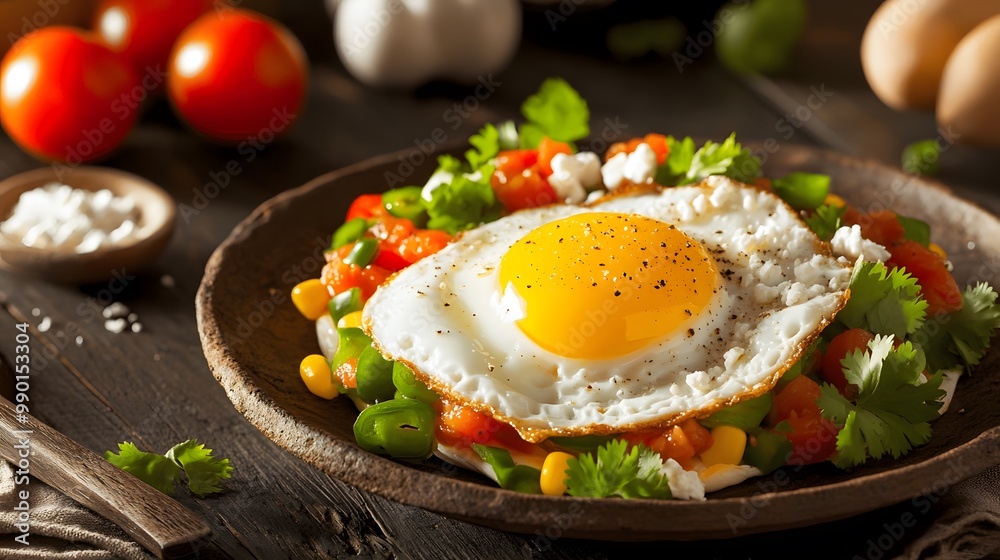 A sunny-side-up egg sits atop a bed of diced tomatoes, corn, green peppers, and cilantro. A sunny-side-up egg sits atop a bed of diced tomatoes, corn, green peppers, and cilantro.