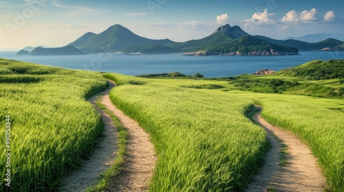 A winding path through green barley fields on Gapado Island, offering stunning views of Mt. Sanbang and Mt. Halla in the background, perfect for hiking enthusiasts. photo