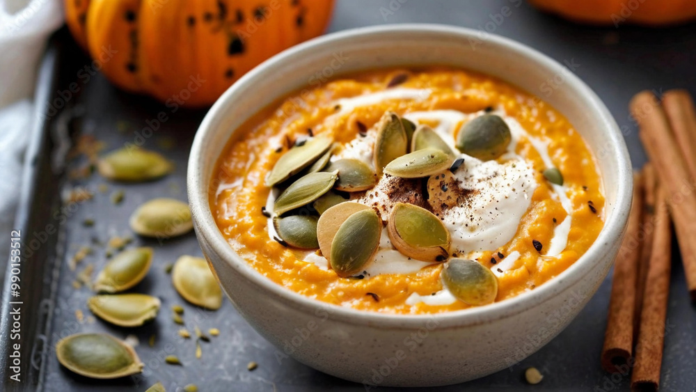 Pumpkin porridge with cinnamon and pumpkin seeds. Pumpkin porridge with cinnamon and pumpkin seeds.