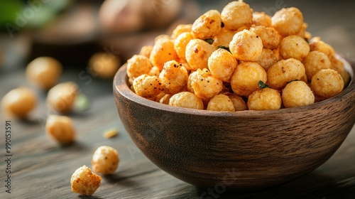 A wooden bowl filled with crispy phool makhana, highlighting the golden texture of these popped lotus seeds. A wholesome and nutritious snack option.