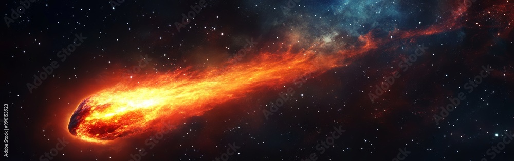 Fototapeta premium A bright comet streaks through the night sky, illuminating the cosmos with its fiery tail during a clear, starry night