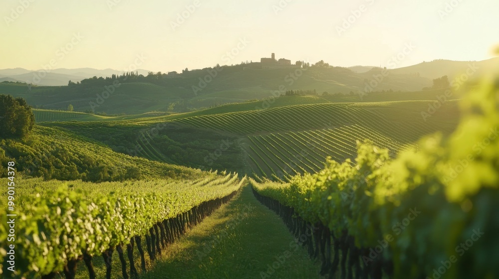 Fototapeta premium Sunset over rolling vineyards in Tuscany with distant hills and a charming village on the horizon