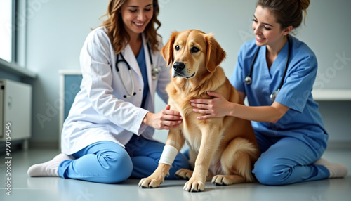 Veterinarians treating a small wound on a foreleg of a golden retriever dog, wrapping dog’s paw in bandage, pet on a checkup visit in veterinary clinic  photo