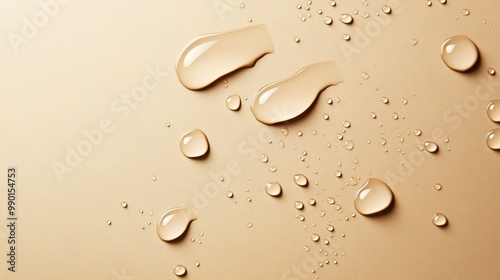 Close up of water drops on beige background. The water droplets and beige colored abstract banner could work for a cosmetic, beauty or spa concept. 