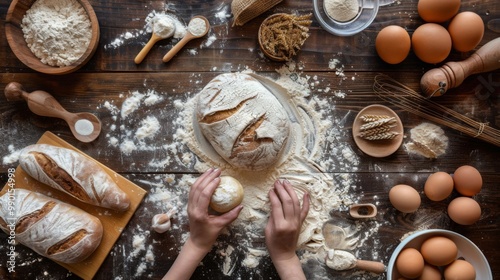 Making bread culinary background top view ggenerated by ai photo