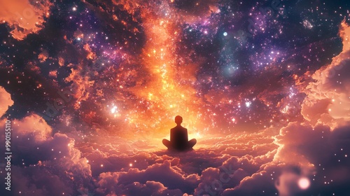 A person meditates in a cosmic landscape filled with colorful clouds and stars, reflecting tranquility and exploration of consciousness