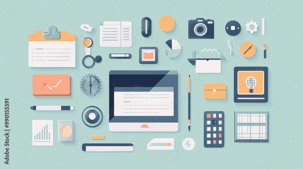 A flat lay of modern office workspace items including a laptop, stationery, and a camera on a teal background