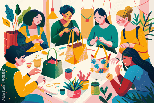 Colorful Illustration of Friends Enjoying Craft Workshop Together