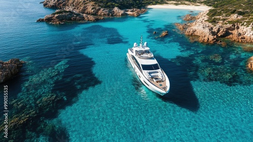Aerial shot of a luxurious yacht anchored near Sardiniaaes famous Costa Smeralda, with clear water and Mediterranean coastline in view