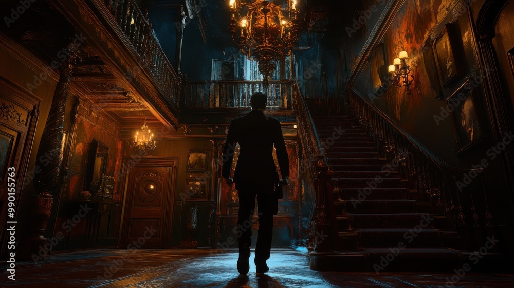 A solitary figure explores a dimly lit, ornate mansion with a grand staircase and intricate chandeliers during the evening hours A solitary figure explores a dimly lit, ornate mansion with a grand staircase and intricate chandeliers during the evening hours