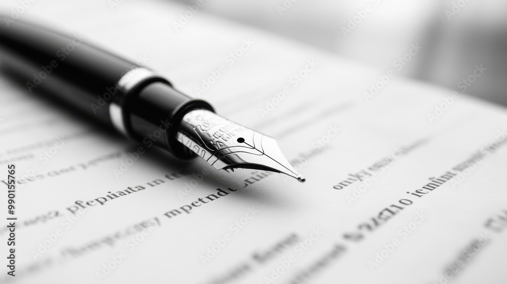 A close-up of an elegant fountain pen poised over a page of elegant handwritten notes in soft natural light A close-up of an elegant fountain pen poised over a page of elegant handwritten notes in soft natural light