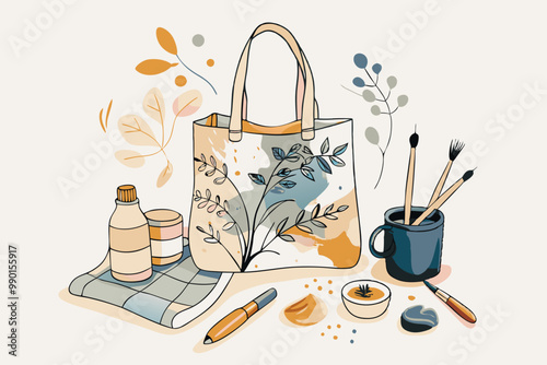 Artistic Tote Bag and Painting Supplies on a Creative Backdrop