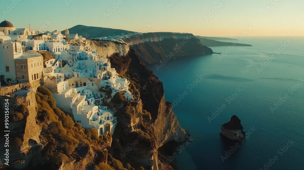 Fototapeta premium Aerial shot of the white and blue architecture of Santoriniaes Oia village, perched above the Aegean Sea, with dramatic cliffs and open skies