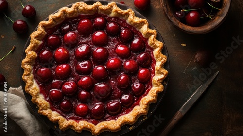 Flavorful red cherry pie with a creamy crust that is covered with delicious American cherries. photographed with an emphasis on color and texture in a professional food photography technique.
 photo