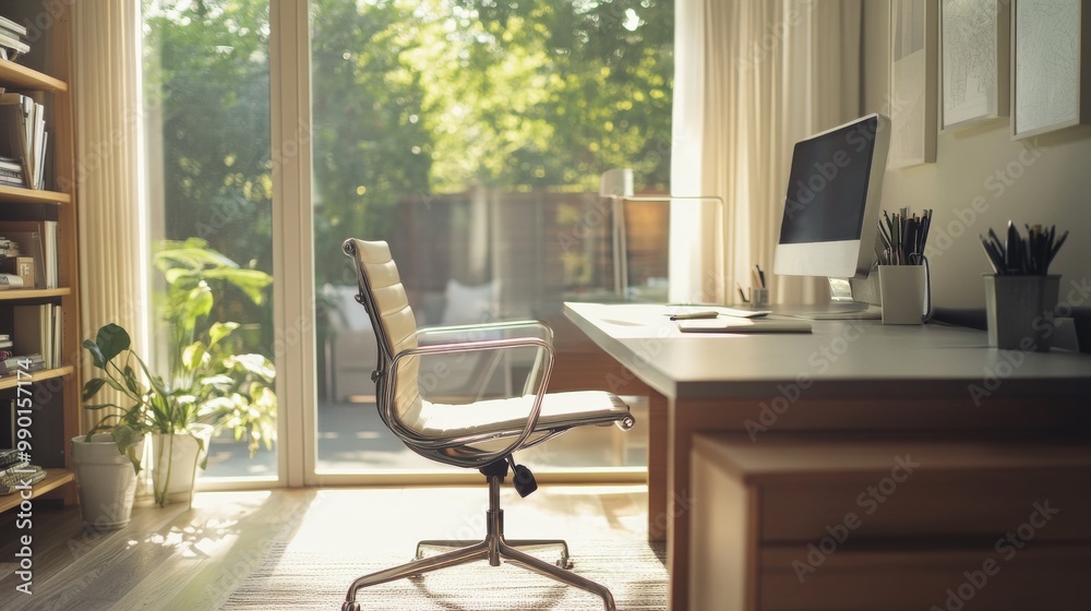 Bright and airy home office with a modern desk and a view of greenery on a sunny day Bright and airy home office with a modern desk and a view of greenery on a sunny day