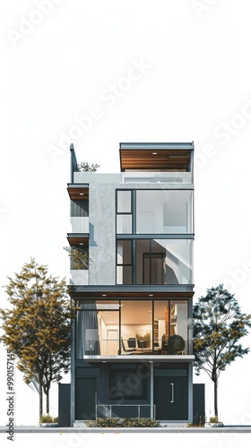 A tall building with a balcony and a tree in front of it