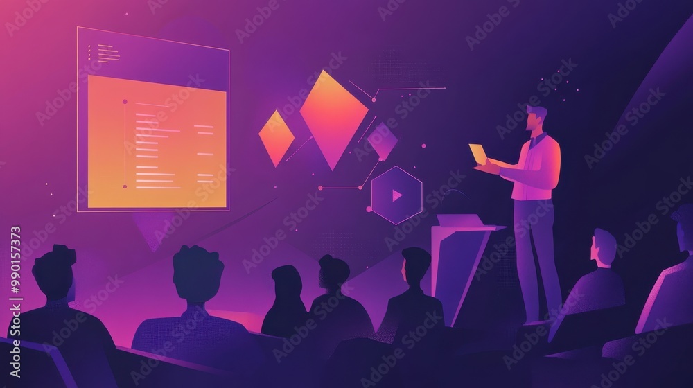 A speaker presents a digital lecture in a modern, vibrant setting with engaged audience members watching intently at an evening event