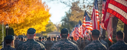 Veterans Day Ceremony with American Flags and Autumn Colors