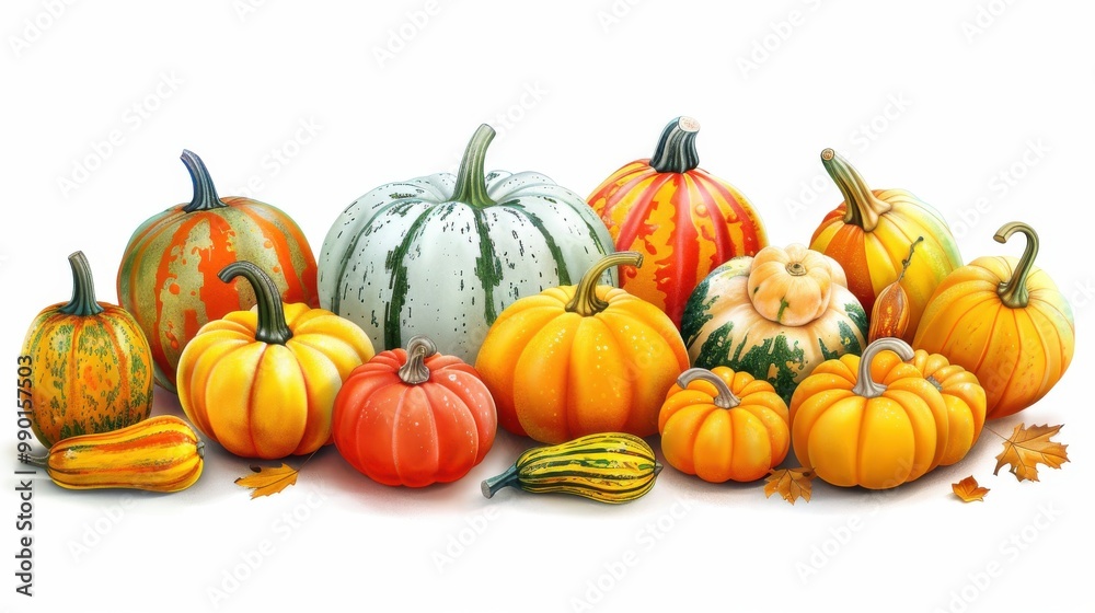 Obraz premium A row of pumpkins and squash on a white background