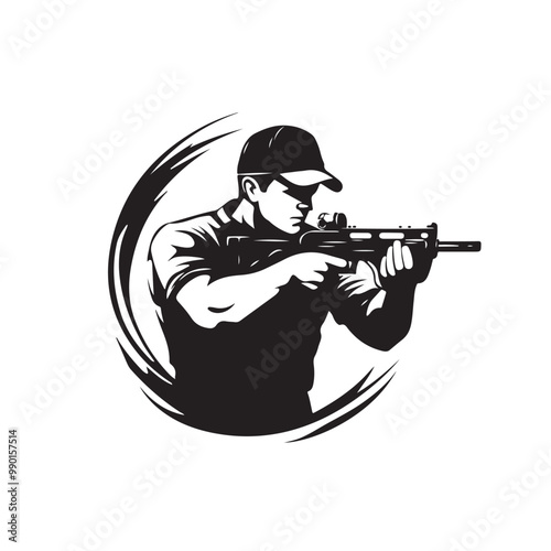 Shooting Sport Rifle. Trap Shooting, Aiming Athlete With Gun, Isolated Vector Silhouette.