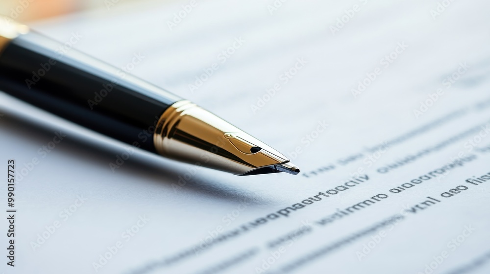 Close-up of a finely crafted fountain pen poised over a blank document in a well-lit workspace Close-up of a finely crafted fountain pen poised over a blank document in a well-lit workspace
